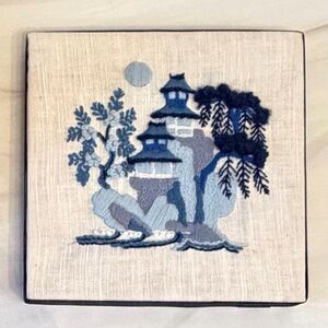 Vintage handmade blue and white chinoiserie crewel / needlepoint on linen